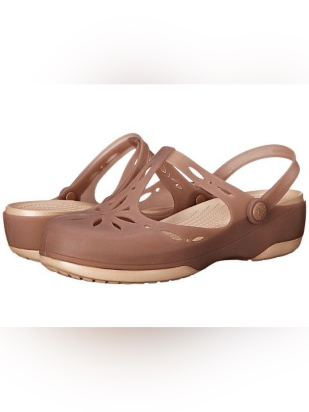 CROCS Carlie Women’s Gold Tan Floral Cutout Clog Mule or Heel strap Low Wedge 7